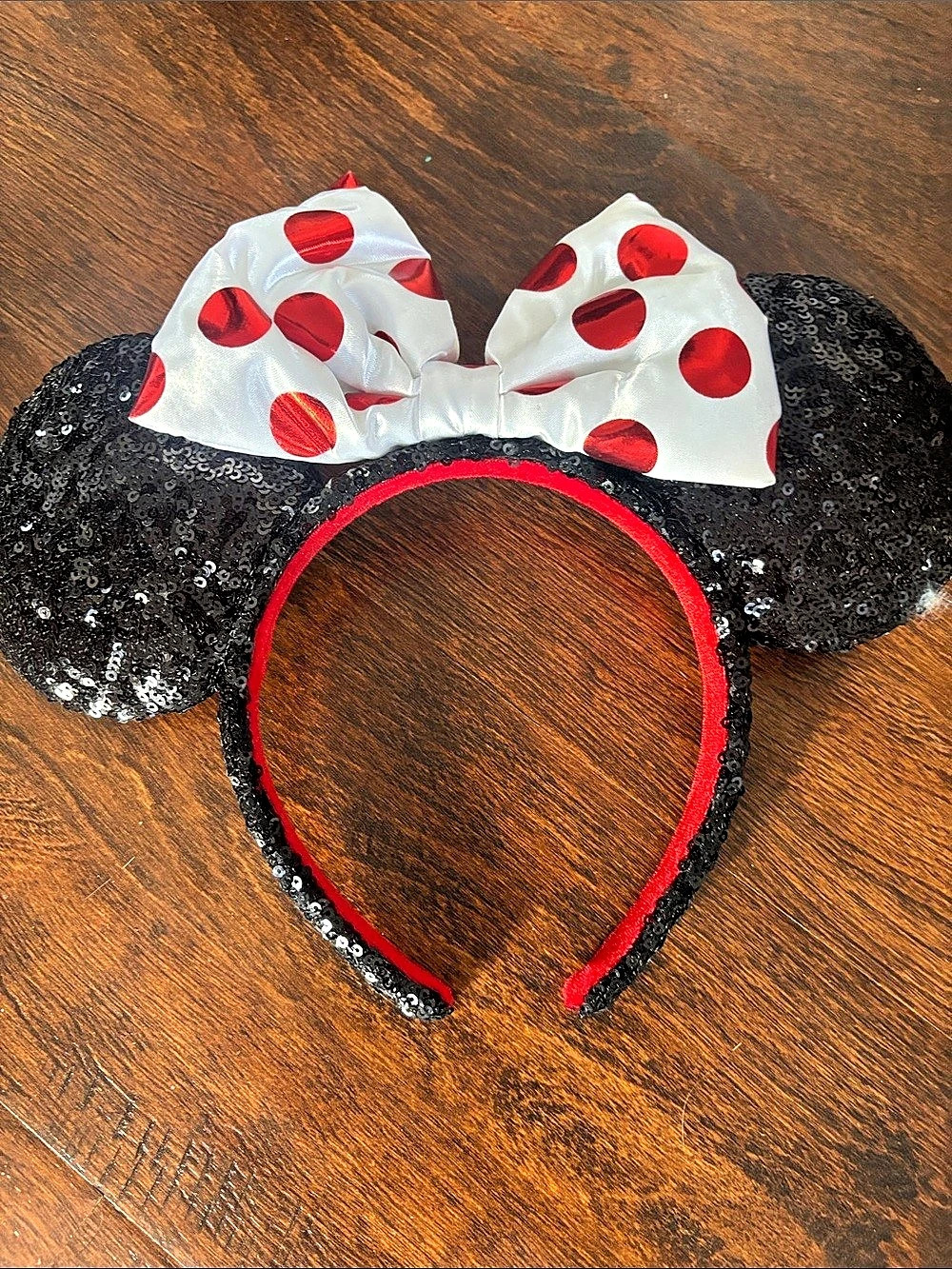 3/$20 Minnie Mouse Sequined Ear Headband - Black & Red/White Polka Dot Bow